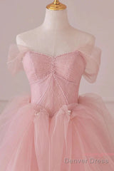 Off Shoulder Beading Pink Tulle Princess Prom Dress