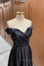 Off Shoulder Black Satin Long Prom Dress, Long Black Prom Graduation Prom Dresses