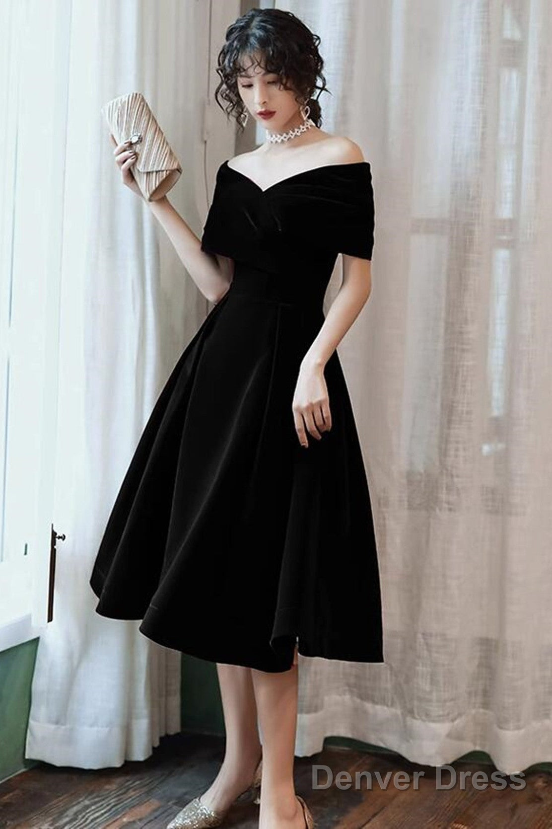 Off Shoulder Black Velvet Tea Length Party Dress, Off Shoulder Velvet Homecoming Dress Secondary image