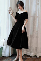 Off Shoulder Black Velvet Tea Length Prom Dress, Off Shoulder Velvet Homecoming Dresses