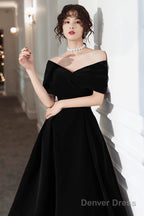 Off Shoulder Black Velvet Tea Length Party Dress, Off Shoulder Velvet Homecoming Dress