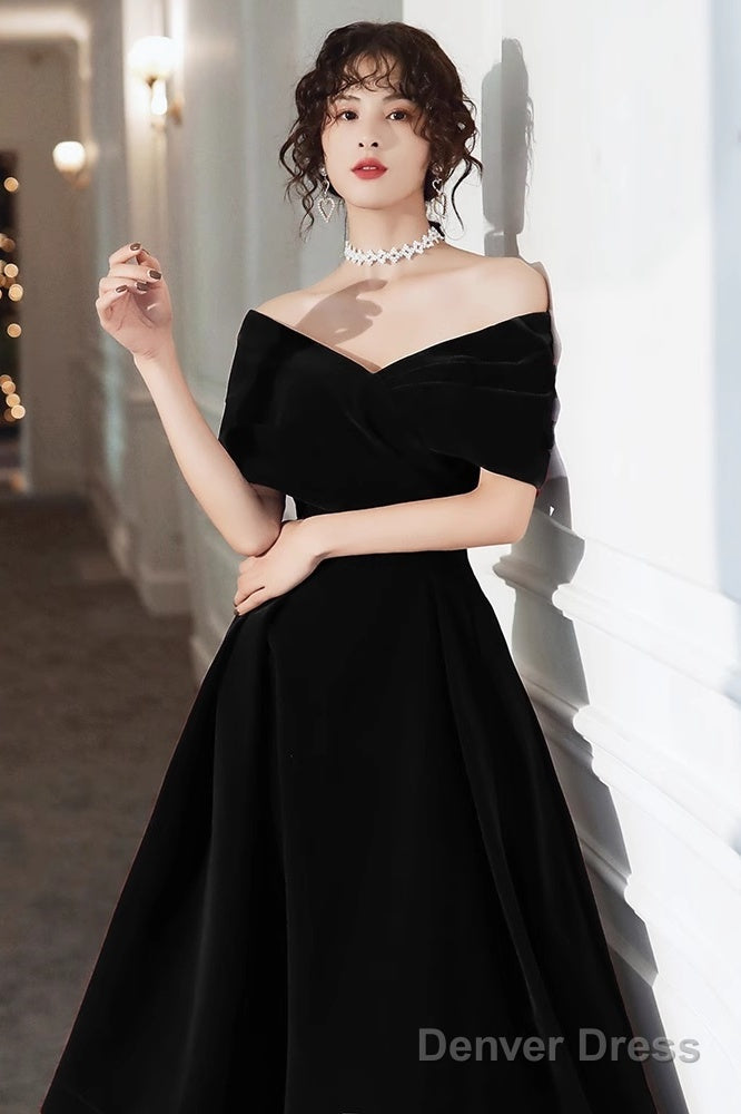 Off Shoulder Black Velvet Tea Length Prom Dress, Off Shoulder Velvet Homecoming Dresses