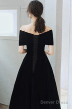 Off Shoulder Black Velvet Tea Length Party Dress, Off Shoulder Velvet Homecoming Dress