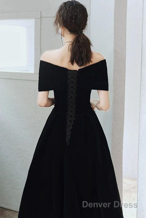 Off Shoulder Black Velvet Tea Length Prom Dress, Off Shoulder Velvet Homecoming Dresses
