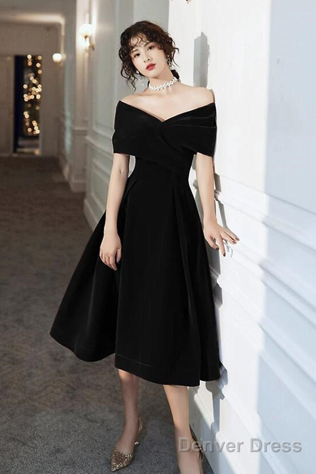 Off Shoulder Black Velvet Tea Length Party Dress, Off Shoulder Velvet Homecoming Dress