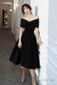 Off Shoulder Black Velvet Tea Length Party Dress, Off Shoulder Velvet Homecoming Dress