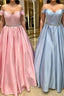 Off Shoulder Blue Long Prom Dress with Belt, Pink Prom Dress, Blue Prom Dresses