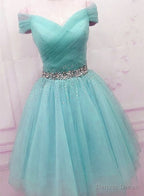 Off Shoulder Blue Tulle Prom Dress, Cute Blue Homecoming Dresses