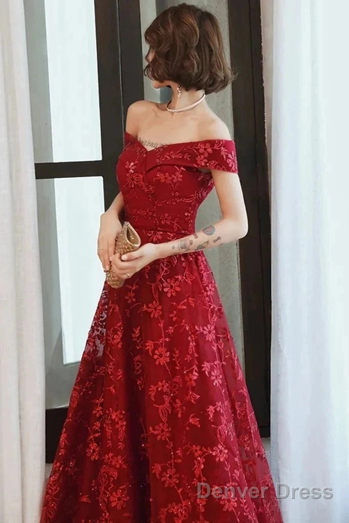 Off Shoulder Burgundy Lace Appliques Long Prom Dress, Off Shoulder Burgundy Formal Dress, Burgundy Lace Evening Dress Secondary image