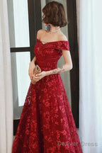 Off Shoulder Burgundy Lace Appliques Long Prom Dress, Off Shoulder Burgundy Formal Dress, Burgundy Lace Evening Dress