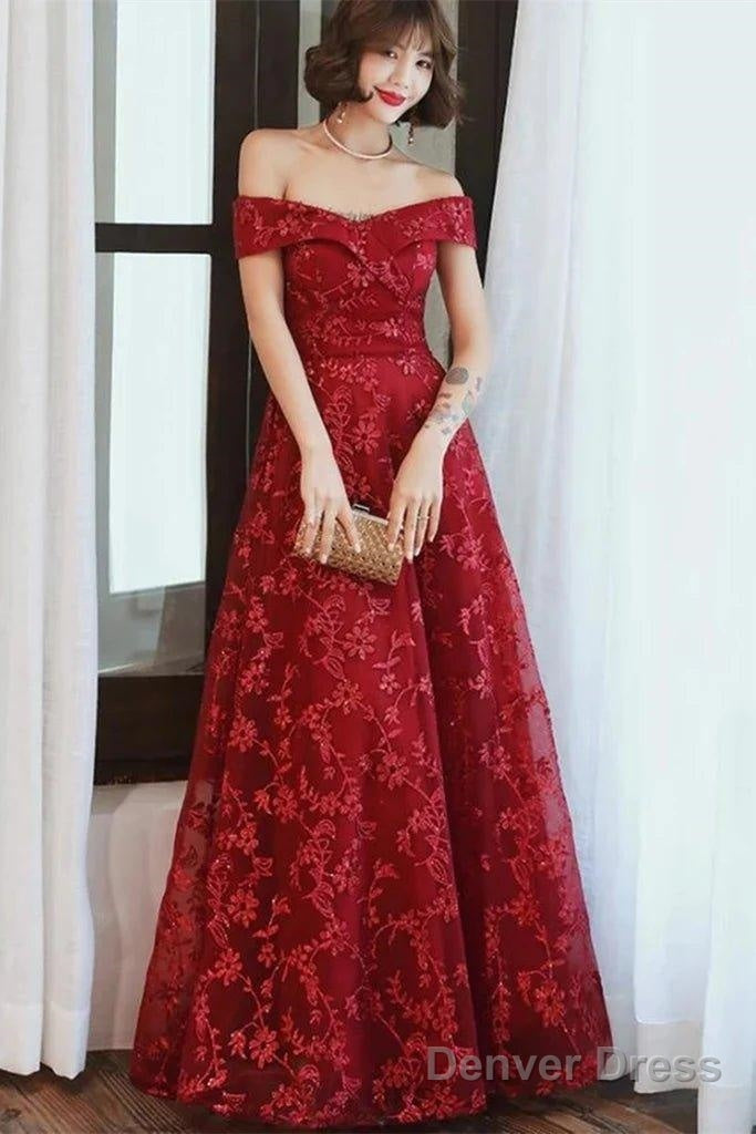 Off Shoulder Burgundy Lace Appliques Long Prom Dress, Off Shoulder Burgundy Formal Dress, Burgundy Lace Evening Dress