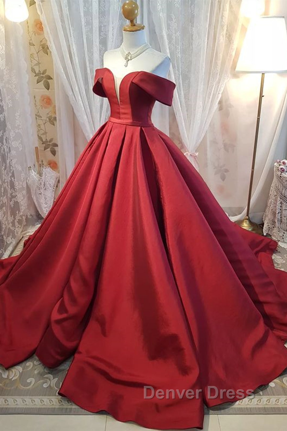 Off Shoulder Burgundy Satin Long Prom Dress, V Neck Burgundy Prom Dresses, Burgundy Ball Gowns Secondary image