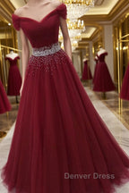 Off Shoulder Burgundy Tulle Long Prom Dress with Sequins, Burgundy Tulle Prom Dresses