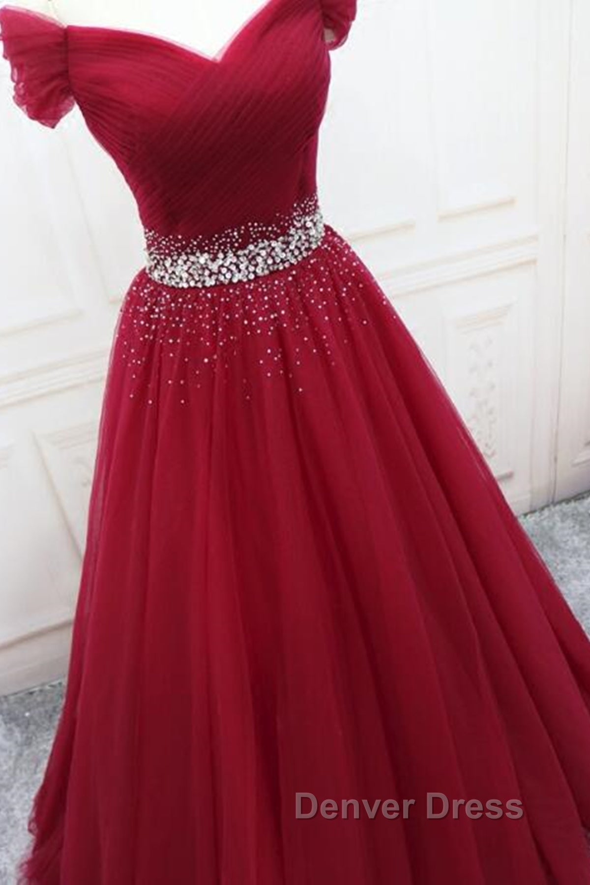 Off Shoulder Burgundy Tulle Long Prom Dress with Sequins, Burgundy Tulle Prom Dresses
