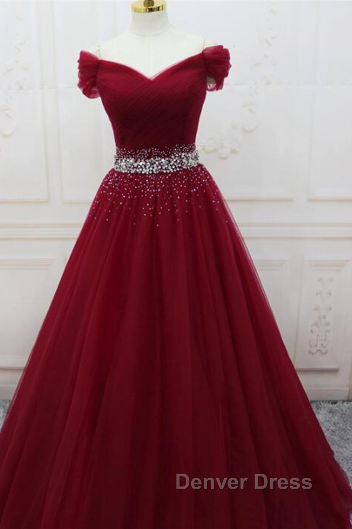 Off Shoulder Burgundy Tulle Long Prom Dress with Sequins, Burgundy Tulle Prom Dresses