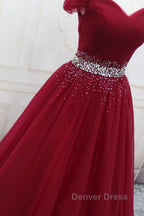 Off Shoulder Burgundy Tulle Long Prom Dress with Sequins, Burgundy Tulle Prom Dresses