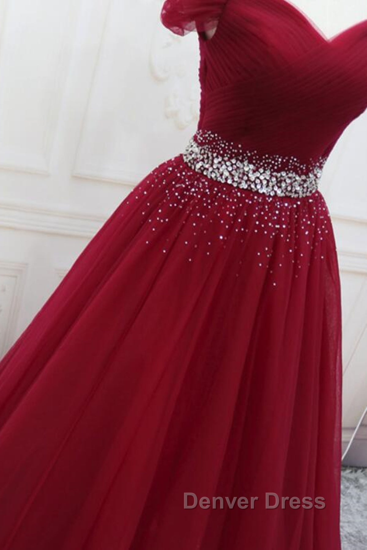 Off Shoulder Burgundy Tulle Long Prom Dress with Sequins, Burgundy Tulle Prom Dresses