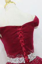 Off Shoulder Burgundy Tulle Long Prom Dress with Sequins, Burgundy Tulle Prom Dresses