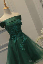 Off Shoulder Dark Green Short Prom Dress, Tulle Homecoming Dresses