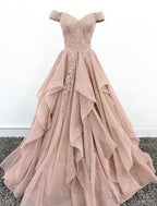 Off Shoulder Dusty Champagne Lace Cheap Long Prom Dress