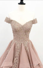 Off Shoulder Dusty Champagne Lace Cheap Long Prom Dress
