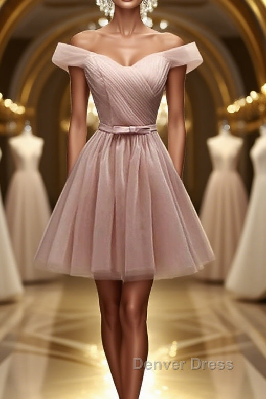 Off Shoulder Dusty Pink Tulle Short Prom Homecoming Dress, Short Pink Prom Graduation Prom Dresses Main image