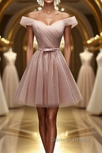Off Shoulder Dusty Pink Tulle Short Prom Homecoming Dress, Short Pink Prom Graduation Prom Dresses