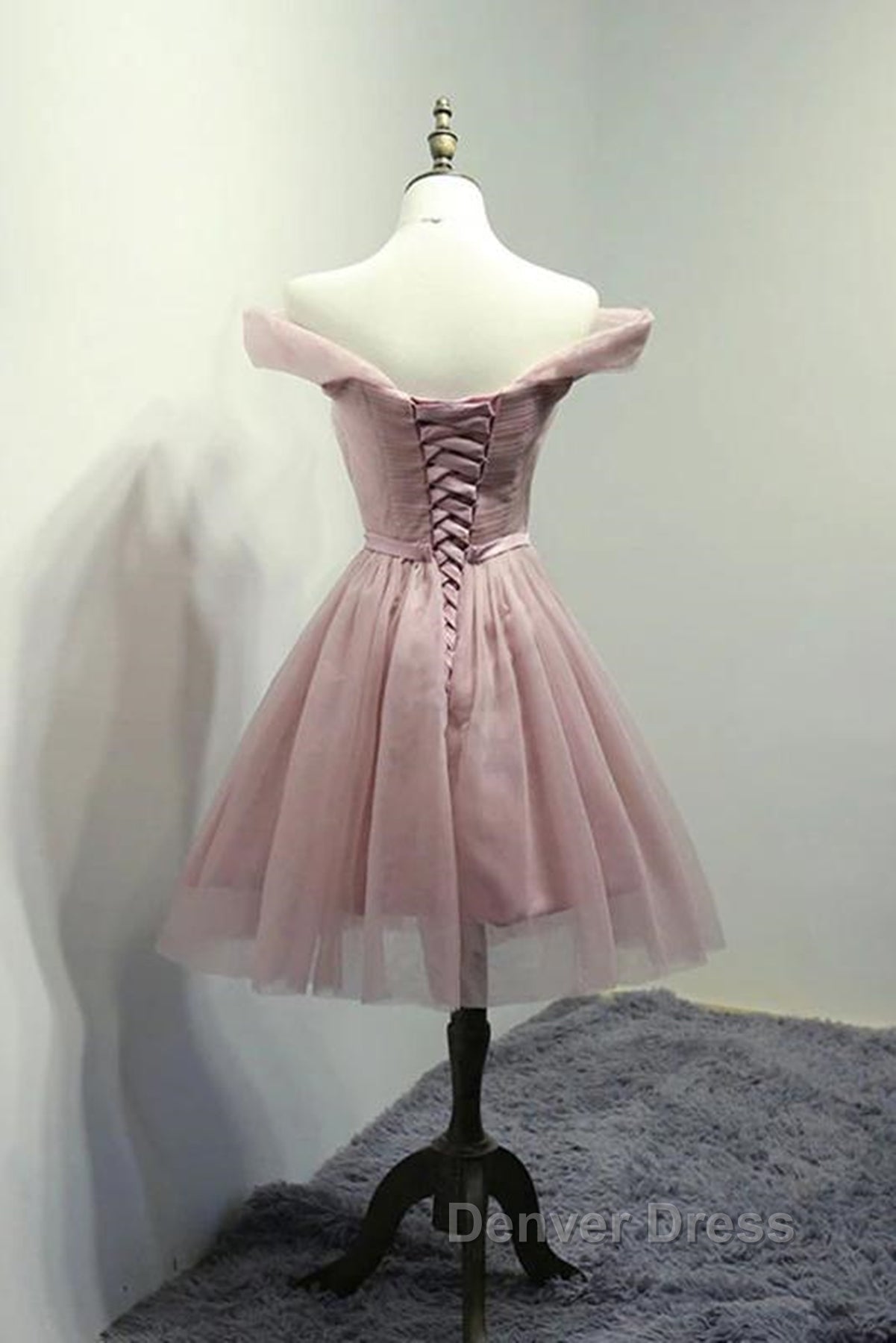 Off Shoulder Dusty Pink Tulle Short Prom Homecoming Dress, Short Pink Prom Graduation Prom Dresses Secondary image