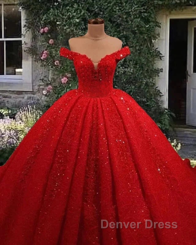 Off Shoulder Glitter Ball Gown Wedding Dresses Red Sequin Bridal Wear