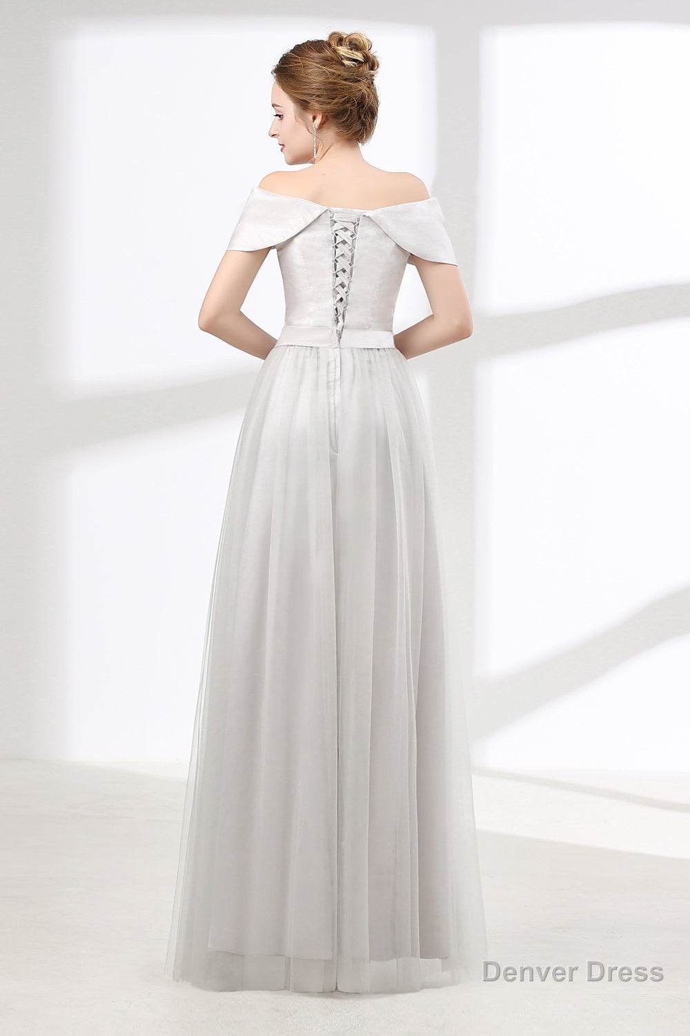 Off Shoulder Gray Formal Floor Length Prom Dresses Secondary image