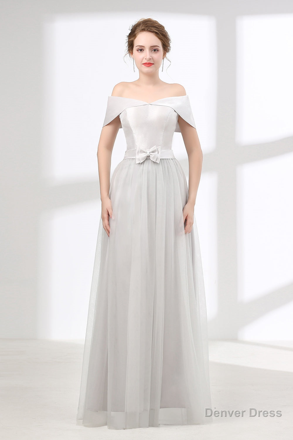 Off Shoulder Gray Prom Floor Length Prom Dresses