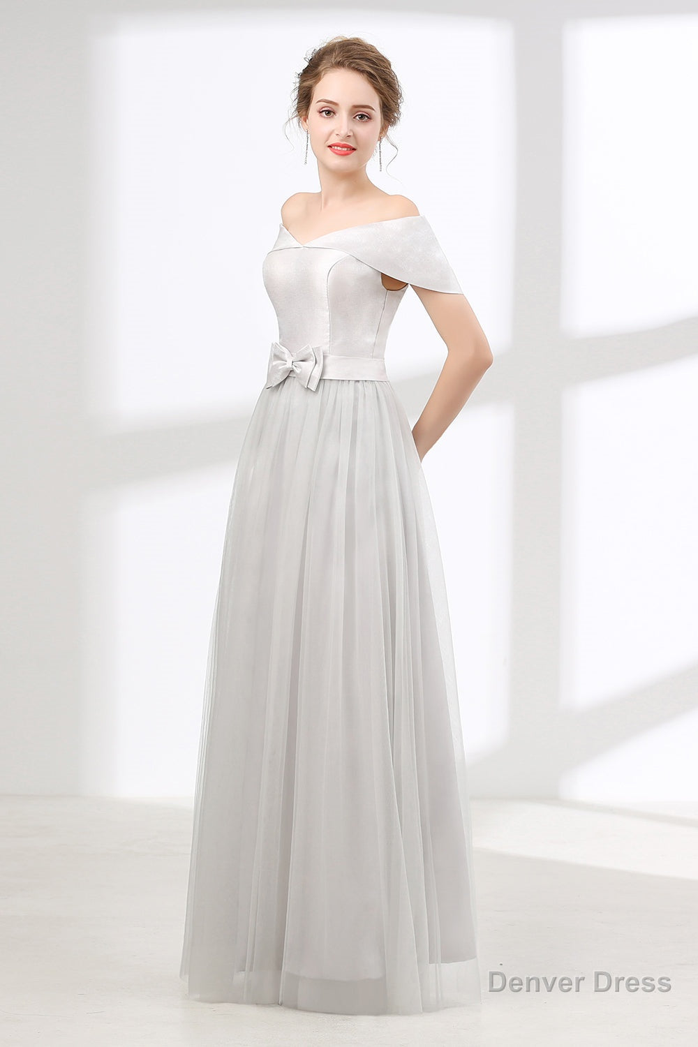 Off Shoulder Gray Prom Floor Length Prom Dresses