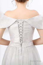 Off Shoulder Gray Prom Floor Length Prom Dresses