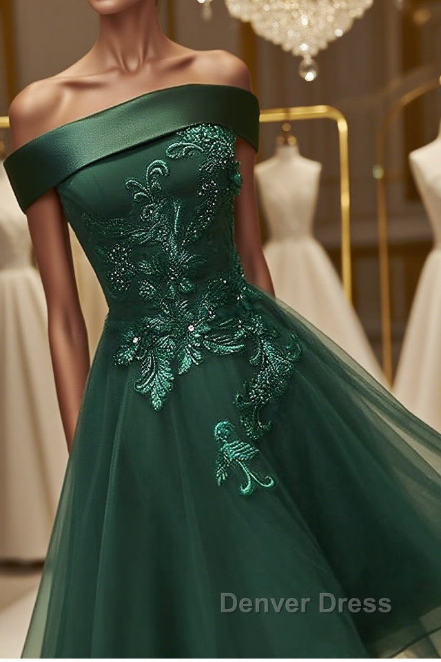 Off Shoulder Green Lace Floral Prom Dress, Short Green Lace Homecoming Dress, Green Prom Dresses
