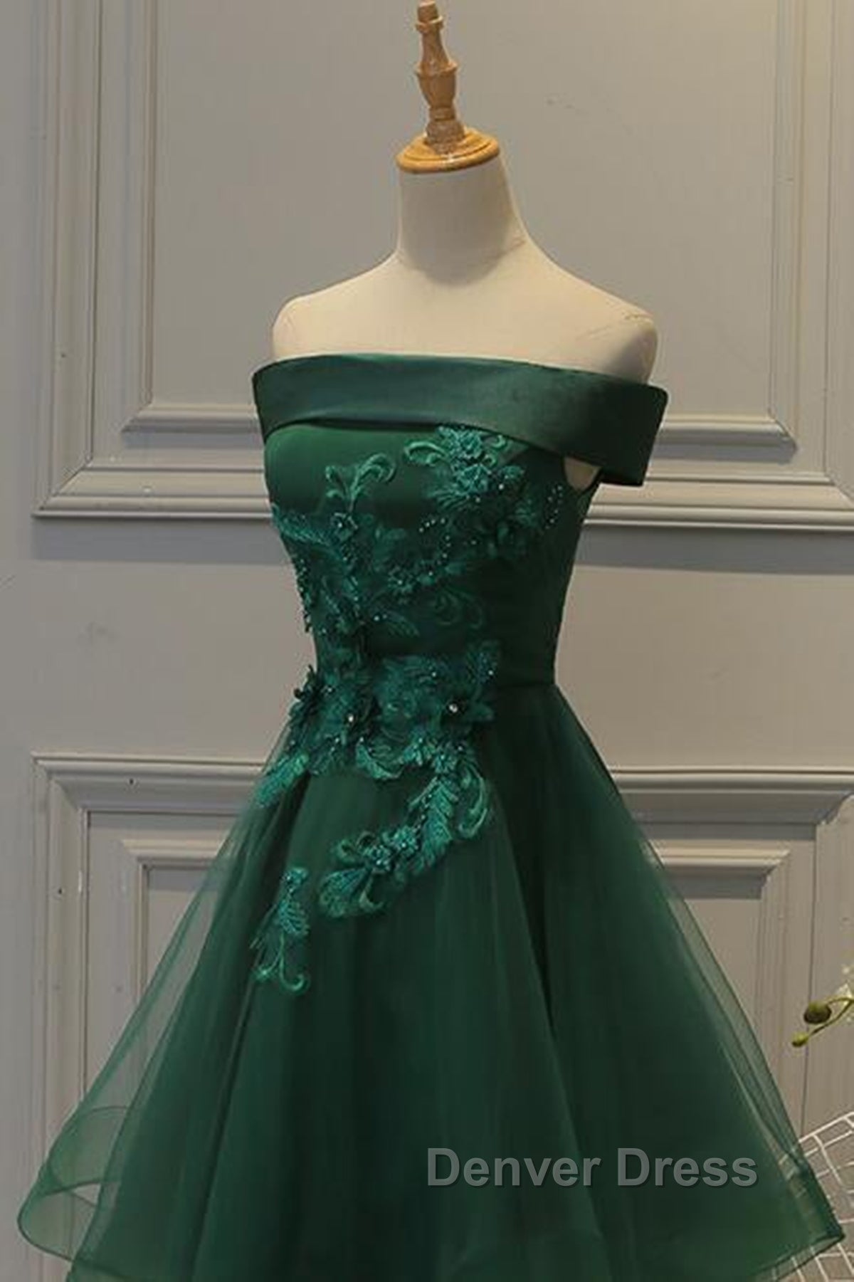 Off Shoulder Green Lace Floral Prom Dress, Short Green Lace Homecoming Dress, Green Prom Dresses Secondary image