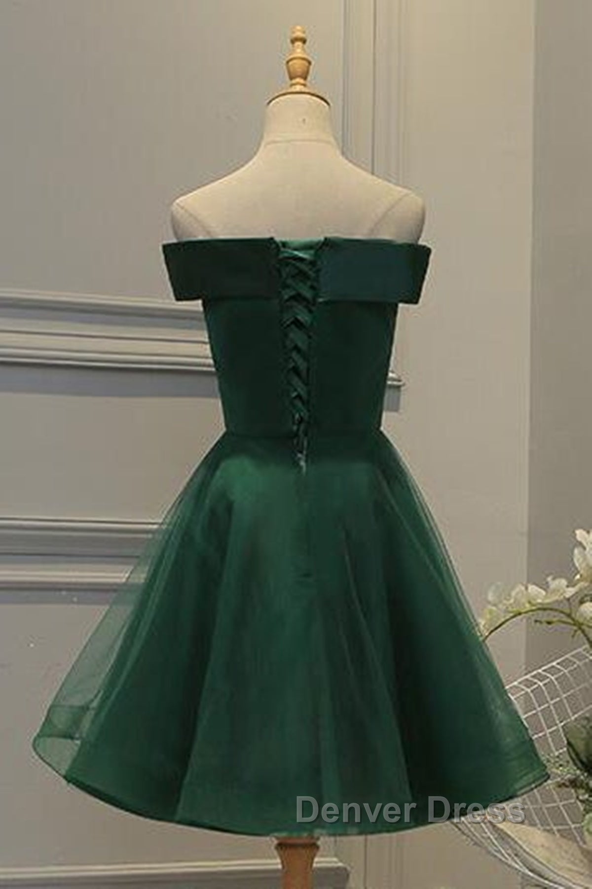 Off Shoulder Green Lace Floral Prom Dress, Short Green Lace Homecoming Dress, Green Prom Dresses