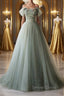 Off Shoulder Green Tulle Floral Long Prom Dress, Off the Shoulder Green Prom Dresses with 3D Flowers