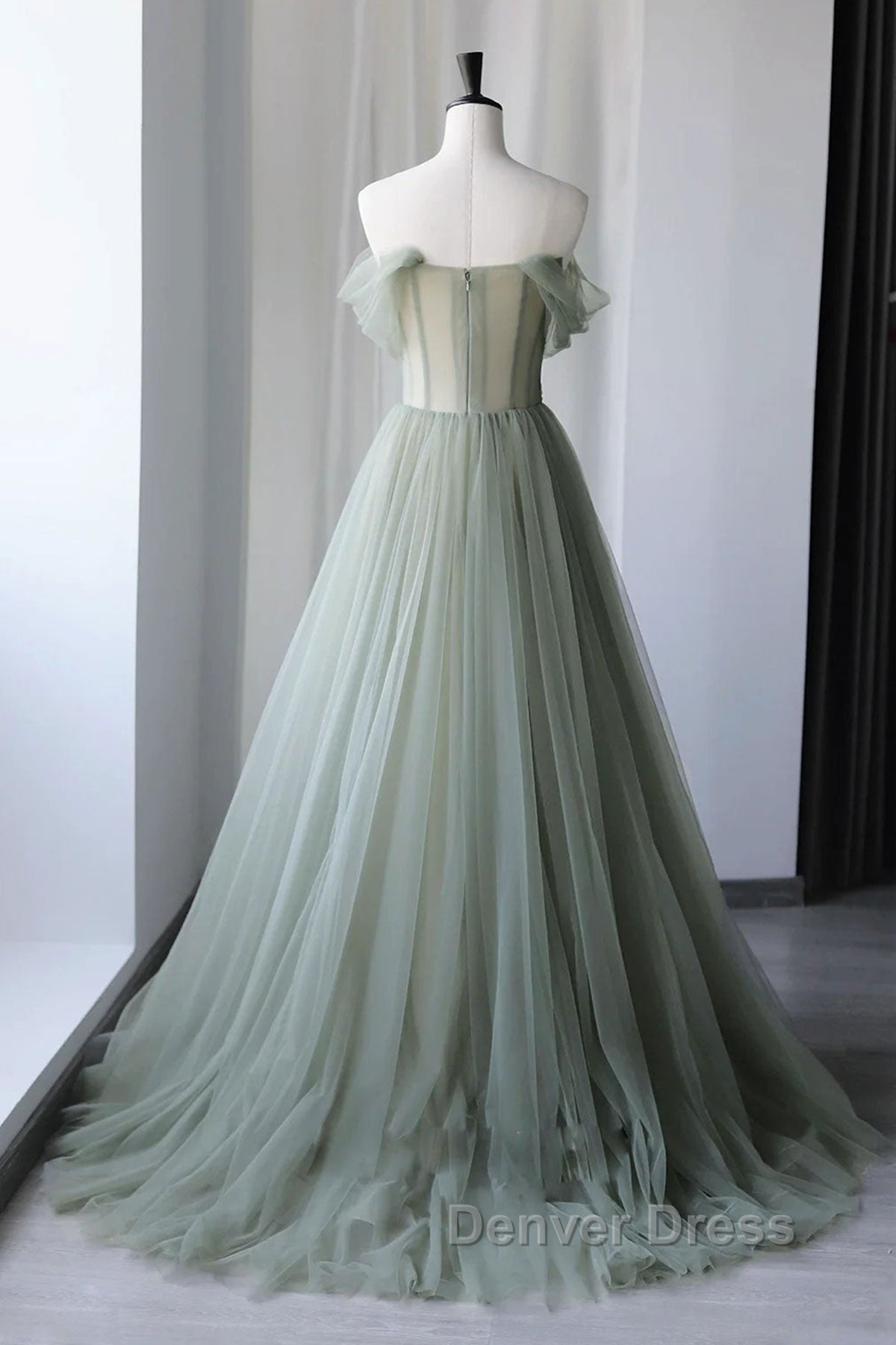 Off Shoulder Green Tulle Floral Long Prom Dress, Off the Shoulder Green Prom Dresses with 3D Flowers Secondary image