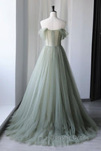 Off Shoulder Green Tulle Floral Long Prom Dress, Off the Shoulder Green Prom Dresses with 3D Flowers