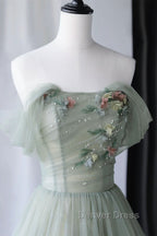 Off Shoulder Green Tulle Floral Long Prom Dress, Off the Shoulder Green Prom Dresses with 3D Flowers