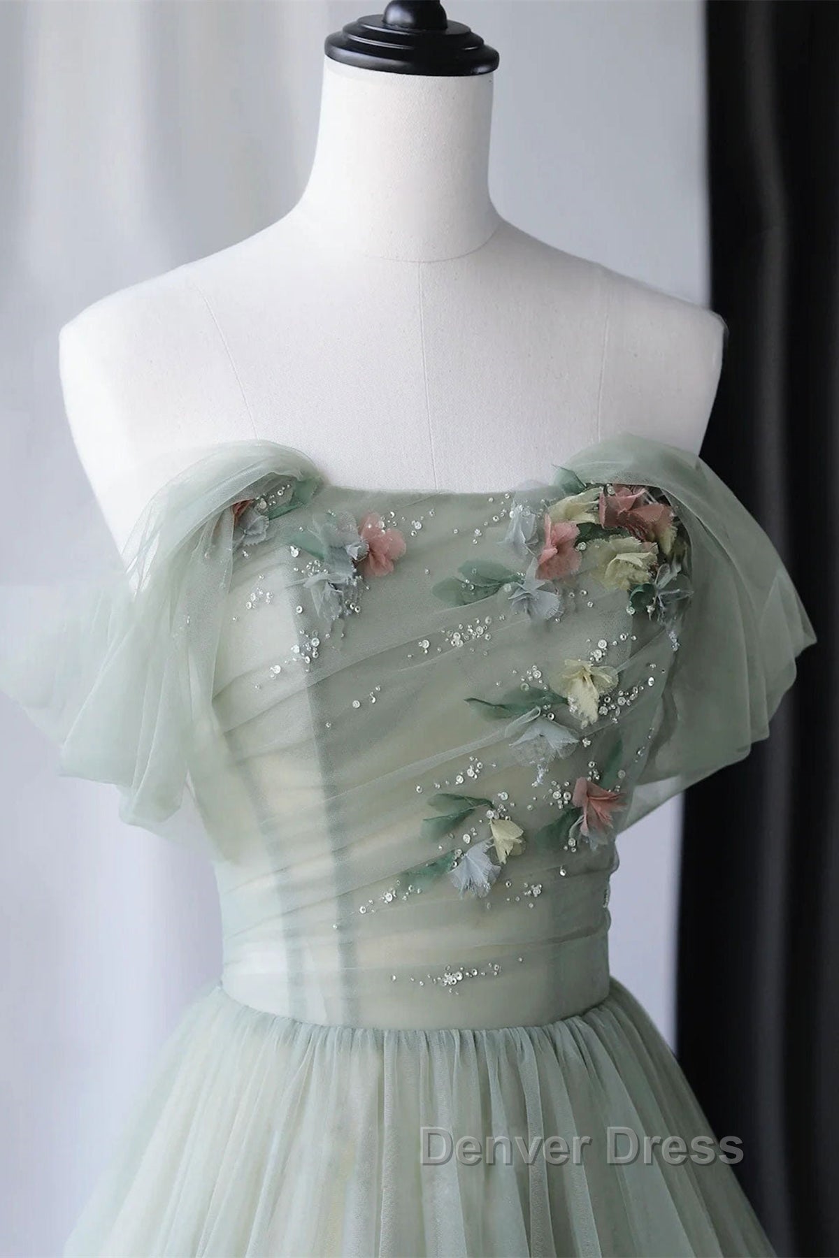 Off Shoulder Green Tulle Floral Long Prom Dress, Off the Shoulder Green Prom Dresses with 3D Flowers