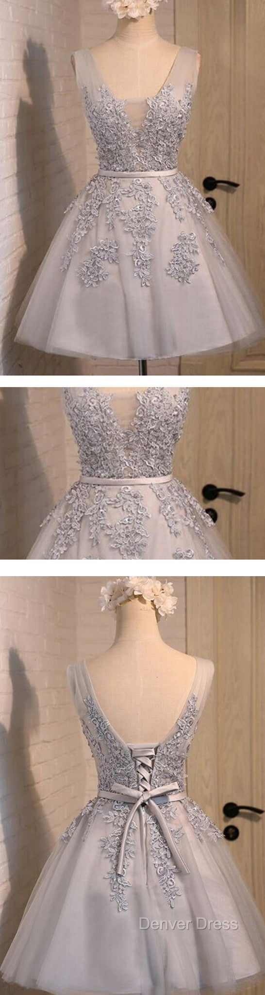 Off Shoulder Grey Lace Cute Tulle Homecoming Dresses Secondary image