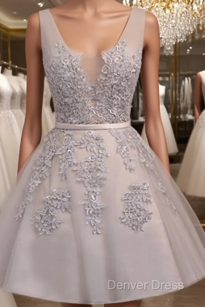 Off Shoulder Grey Lace Cute Tulle Homecoming Dresses Main image