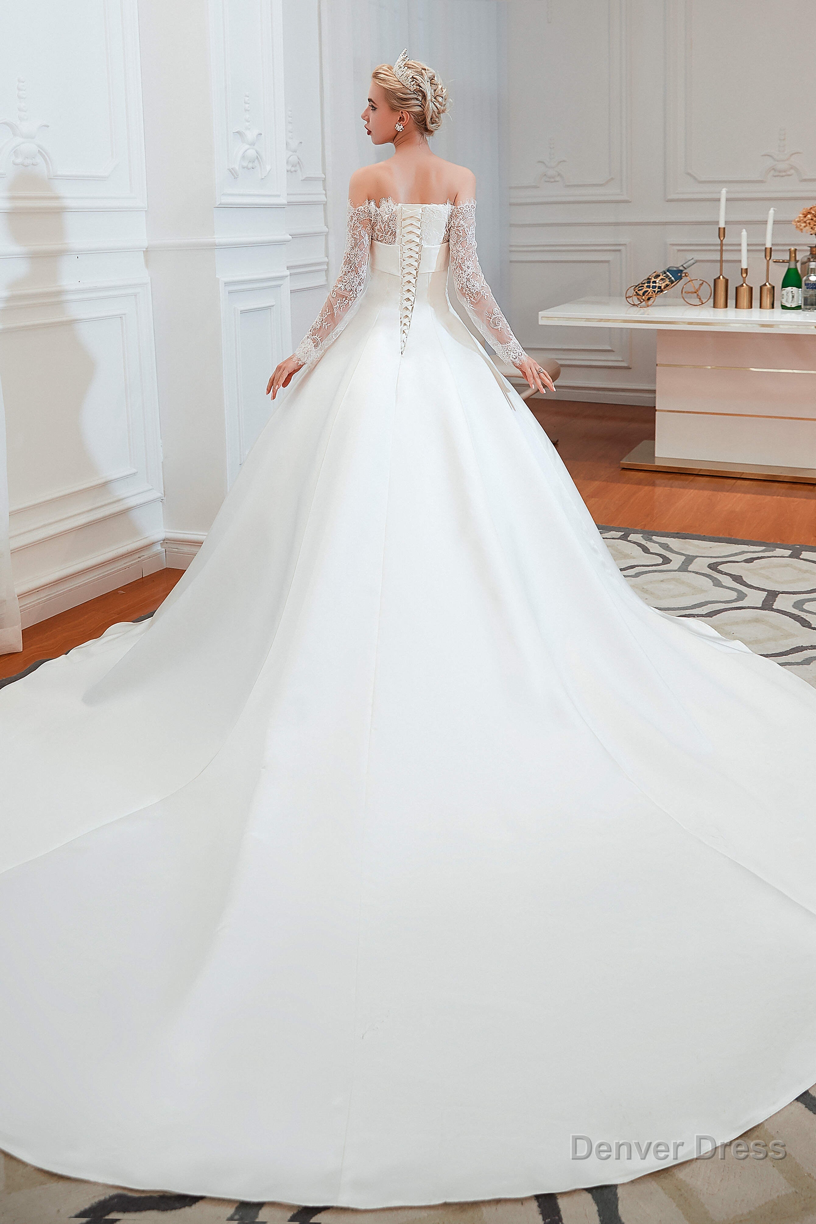 Off Shoulder Lace Satin Wedding Dresses with Sleeves