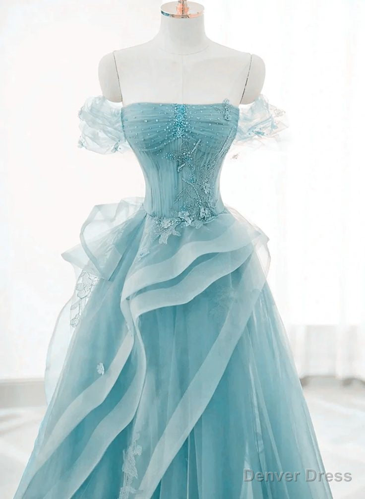 Off Shoulder Lace up Prom Dress,Blue Birthday Dress Pretty Prom Dresses Secondary image