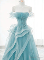 Off Shoulder Lace up Prom Dress,Blue Birthday Dress Pretty Prom Dresses