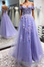 Off Shoulder Lavender Lace Long Prom Dress, Lilac Lace Prom Dress, Purple Prom Dresses