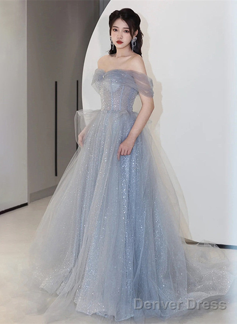 Off Shoulder Light Blue Tulle Long Party Dress, Shiny Tulle A-Line Prom Dress