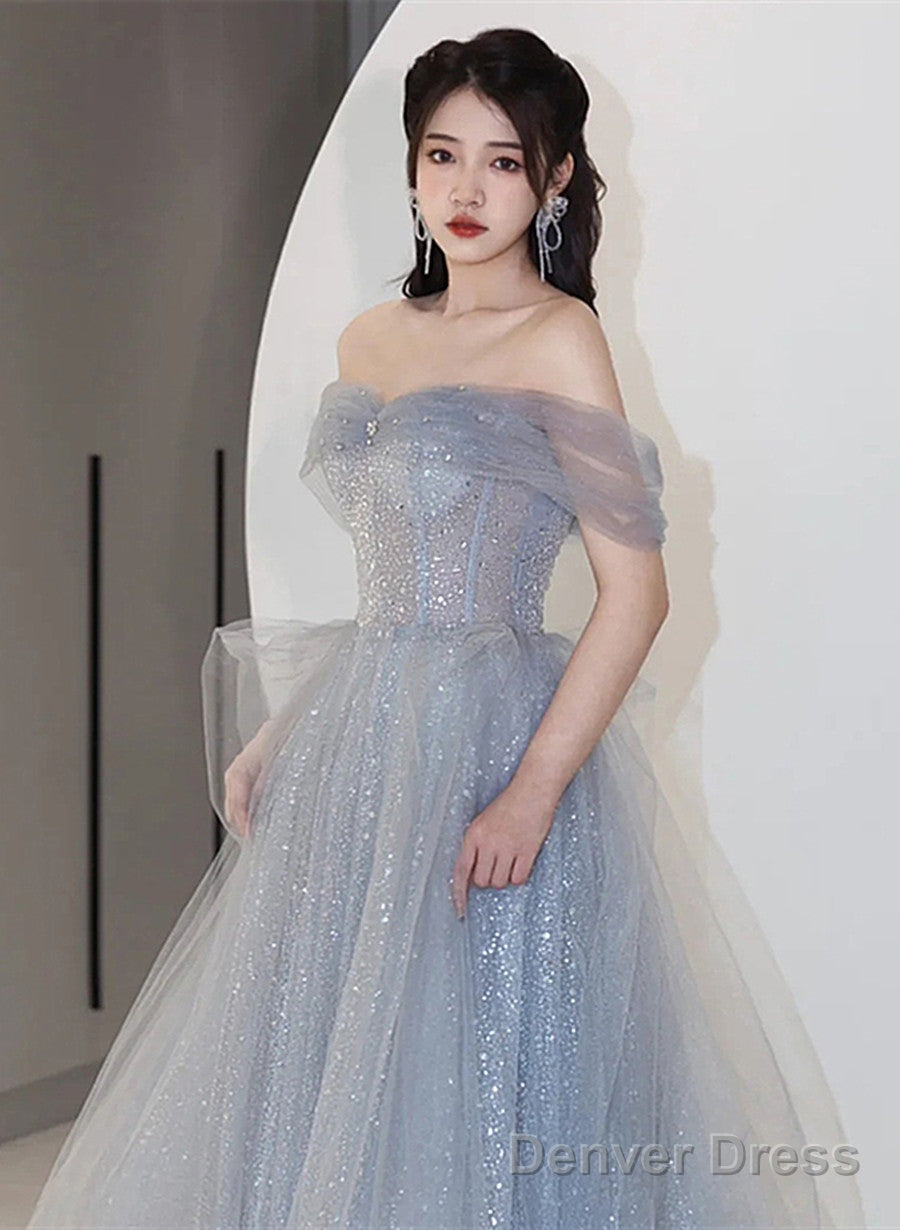 Off Shoulder Light Blue Tulle Long Party Dress, Shiny Tulle A-Line Prom Dress
