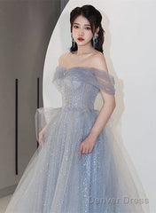 Off Shoulder Light Blue Tulle Long Party Dress, Shiny Tulle A-Line Prom Dress